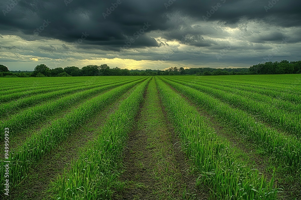 Rows of Green Grass Growing in a Field Under a Dramatic Sky Rows of Green Grass Growing in a Field Under a Dramatic Sky