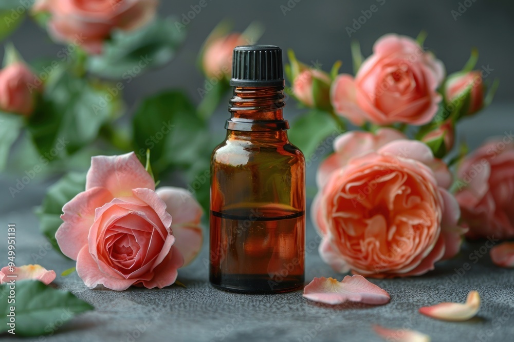 Rose Essential Oil Bottle with Pink Roses Rose Essential Oil Bottle with Pink Roses
