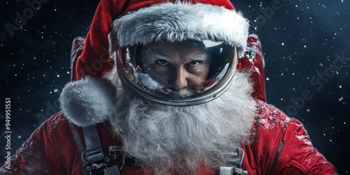 Fototapeta Naklejka Na Ścianę i Meble -  Astronaut santa claus wearing space suit posing in outer space