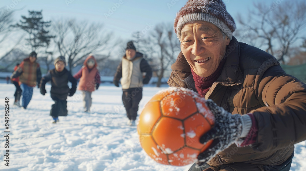 Fototapeta premium Elderly Asian man playing soccer with other elderly people, his friends, on a snowy field. Concept of winter sports, friendship, outdoor activity, healthy lifestyle
