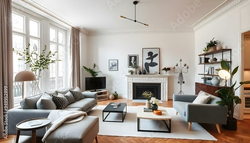 Parisian apartment. Scandinavian interior design of modern living room, home.