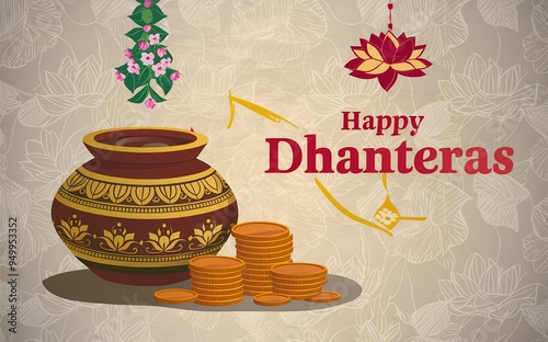 The image depicts a pot filled with gold coins, with a garland of flowers above it, and the text 