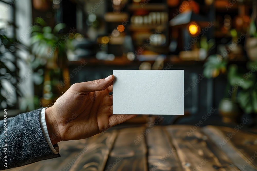 Hand Holding a Blank White Card in a Cafe Setting Hand Holding a Blank White Card in a Cafe Setting