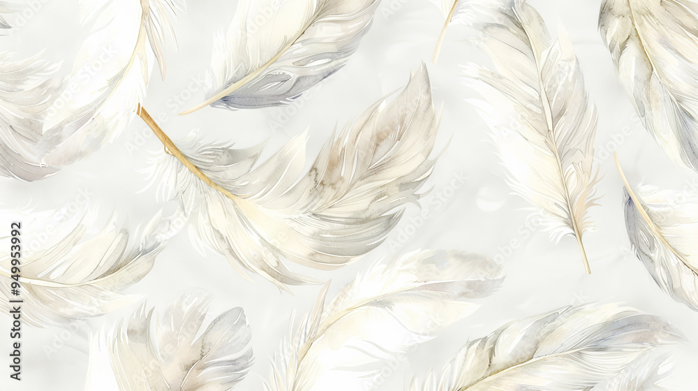 Obraz premium Elegant feather pattern on a light background perfect for textiles and wall art. Abstract backdrop. Watercolor illustration