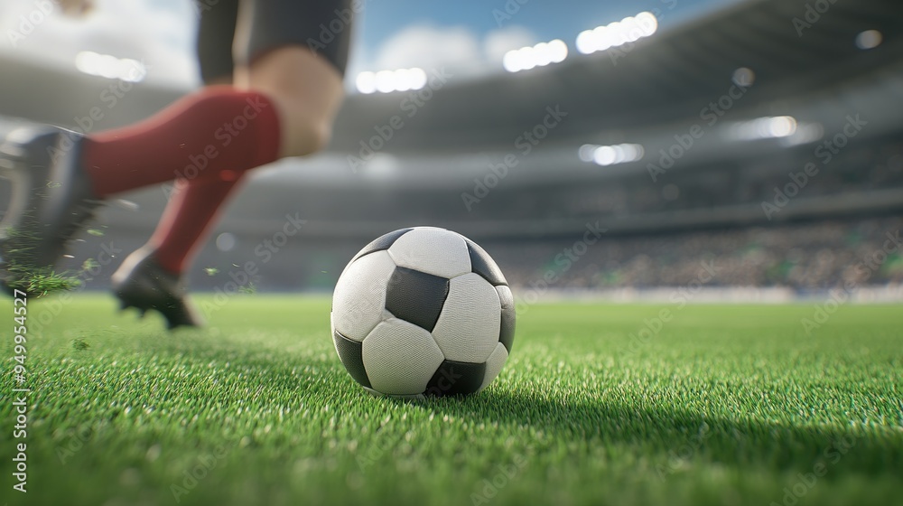 A soccer ball rests on the grass while a player in white socks is poised to kick. The scene captures the energy of the game with a blurred background of players in action A soccer ball rests on the grass while a player in white socks is poised to kick. The scene captures the energy of the game with a blurred background of players in action