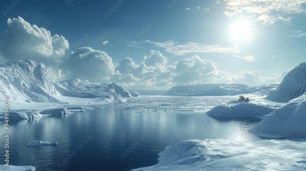 Frozen tundra, vast ice sheets, distant glaciers, and polar bears, 3D landscape Frozen tundra, vast ice sheets, distant glaciers, and polar bears, 3D landscape