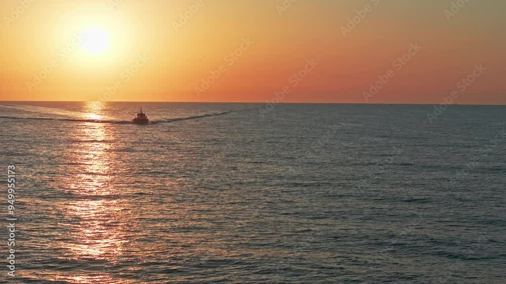 Fishing boat cruising at sunrise, pulling a lifeboat, creating waves as it returns. Aerial shot in slow motion.