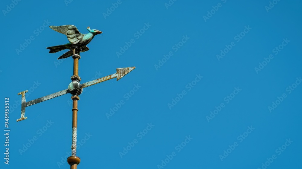 Old weathered green copper bird weather vane showing wind direction on blue sky Old weathered green copper bird weather vane showing wind direction on blue sky