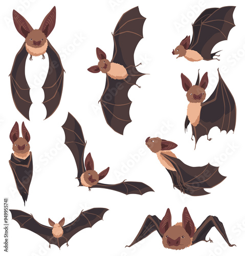 Collection of flying bats. Concept cartoon bat in different poses. Elements set. clipart illustration isolated on white background