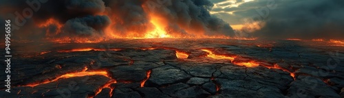 Lava field, cracked ground with molten lava flows, smoke, and ash clouds, 3D landscape