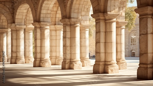 Old ancient columns in building of medieval architecture. Neural network ai generated art