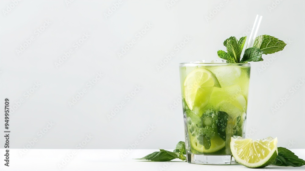 Fototapeta premium Refreshing lime and mint cocktail in glass with mint leaves on white background