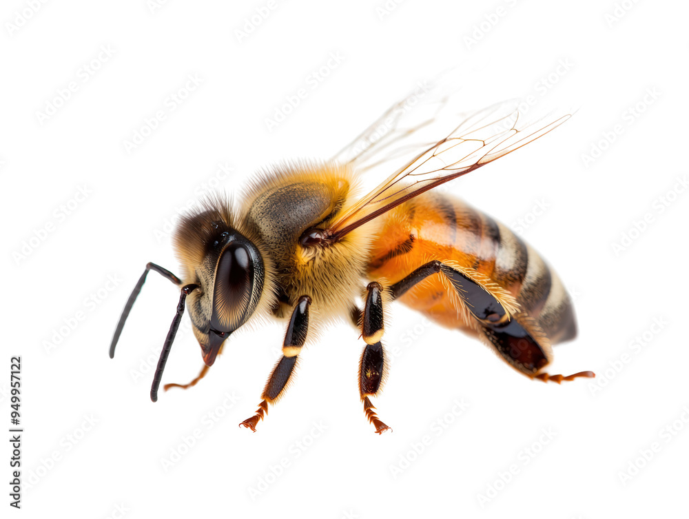 Close-up of a bee showcasing intricate details of its wings, body, and eyes against a transparent background. Close-up of a bee showcasing intricate details of its wings, body, and eyes against a transparent background.