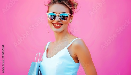 Happy woman in sunglasses, white dress, shopping bags, pink background, portrait shot, joyful vibe.