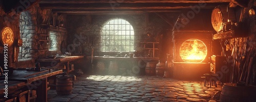 Medieval blacksmith workshop, tools hanging on walls, glowing forge, and a sword in progress, 3D illustration