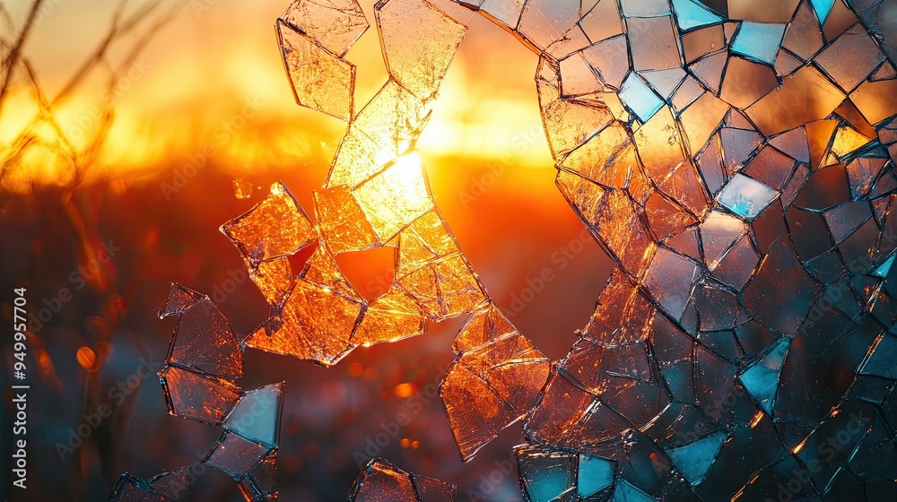 A shattered holographic mirror reflecting a natural landscape, creating a surreal and fragmented image of the world. A shattered holographic mirror reflecting a natural landscape, creating a surreal and fragmented image of the world.