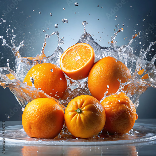 Oranges are being splashed with water and a splash of water splash