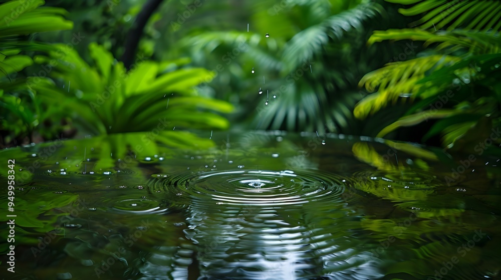 Raindrops Creating Serene Ripples on Calm Pond Surrounded by Lush Greenery Raindrops Creating Serene Ripples on Calm Pond Surrounded by Lush Greenery