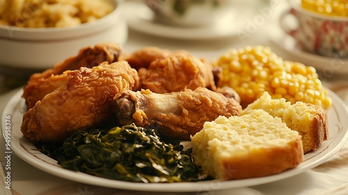 Southern Fried Chicken  Collard Greens  Cornbread  and Corn on White Plate