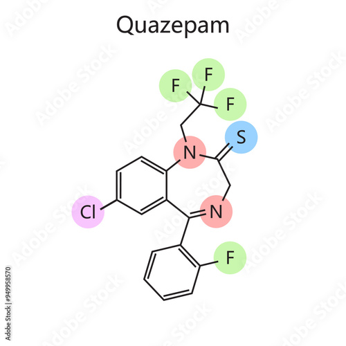 Chemical organic formula of Quazepam diagram hand drawn schematic vector illustration. Medical science educational illustration