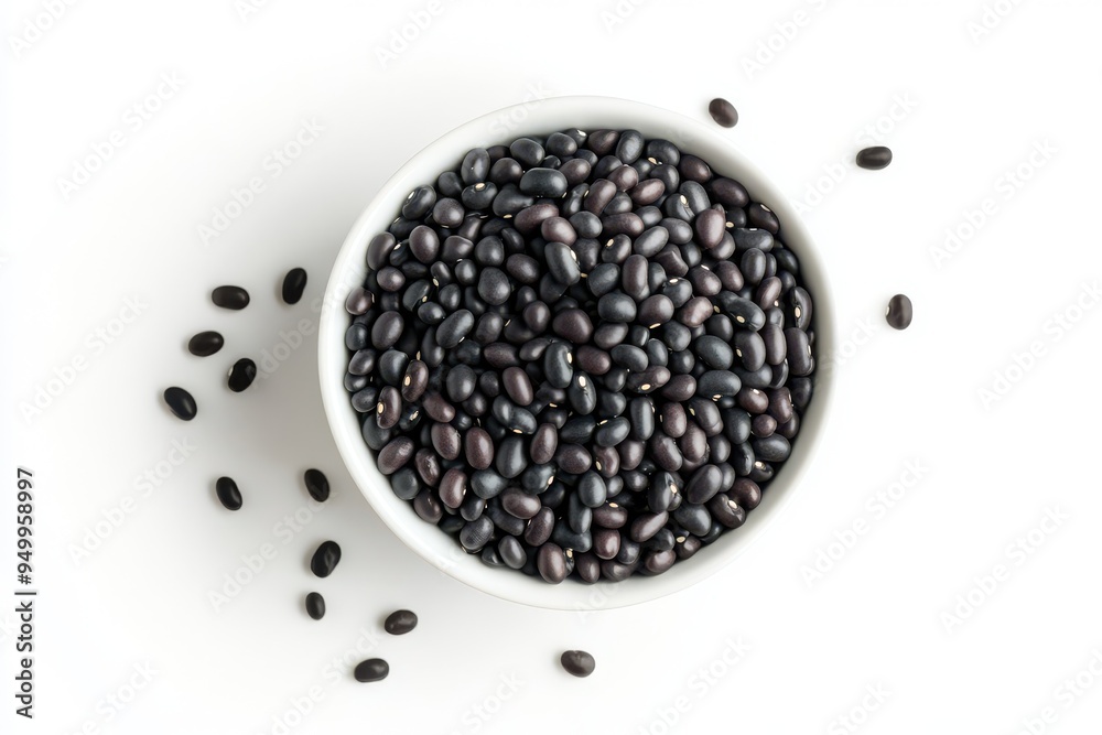 Black beans in a white bowl bundle side and top view isolated on a white background Black beans in a white bowl bundle side and top view isolated on a white background