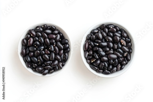 Black beans in a white bowl bundle side and top view isolated on a white background