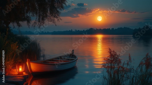 The calm waters reflect a beautiful sunset while a small boat rests peacefully nearby, warmed by lantern light and surrounded by natures tranquility.