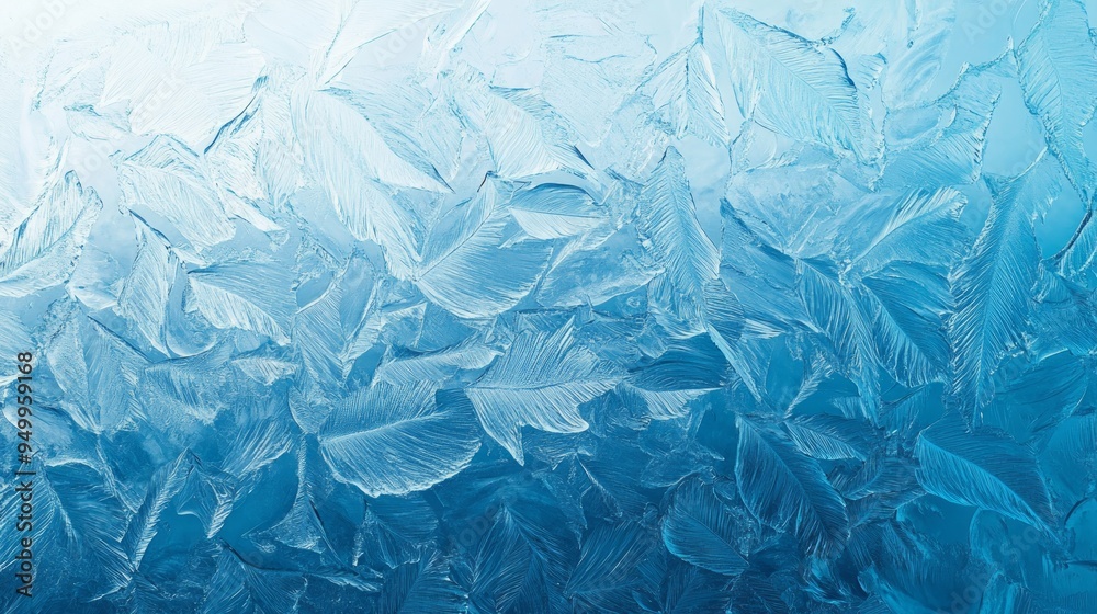 Obraz premium Frozen pattern on winter window. Blue ice winter background, texture blue wallpaper. Banner of fozen blue background