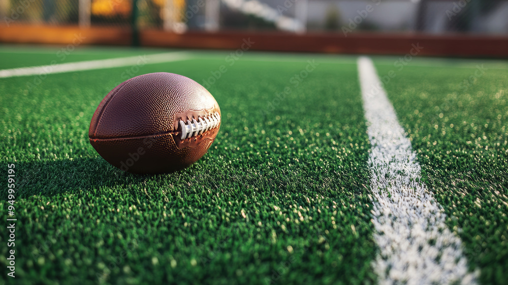 A textured American football lies on green artificial turf, positioned near a white line. 