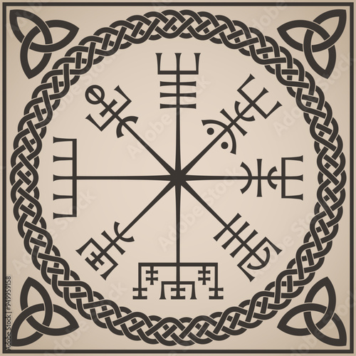 vegvisir traditional viking symbol on knot ornamental  circle background