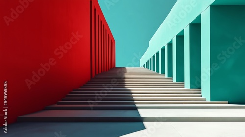 A red and blue building with a blue staircase