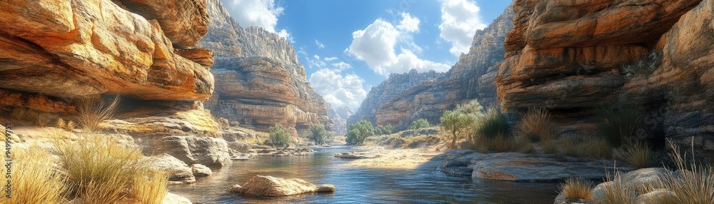 Rocky canyon, layered stone cliffs, a meandering river below, and desert plants, 3D landscape Rocky canyon, layered stone cliffs, a meandering river below, and desert plants, 3D landscape