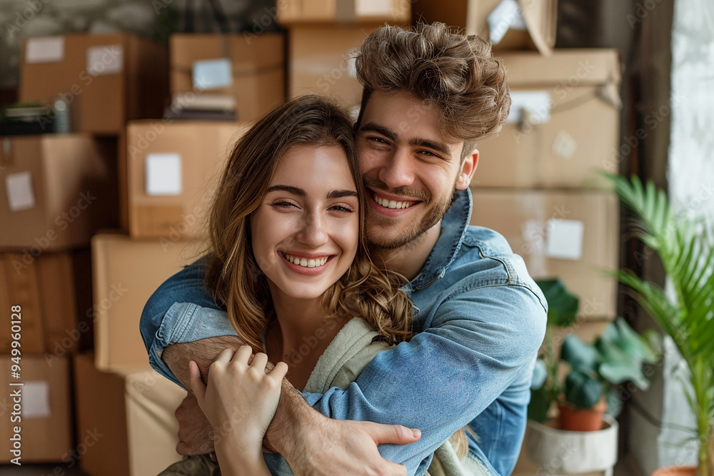 Happy Young Couple Embracing with Moving Boxes in Background Happy Young Couple Embracing with Moving Boxes in Background