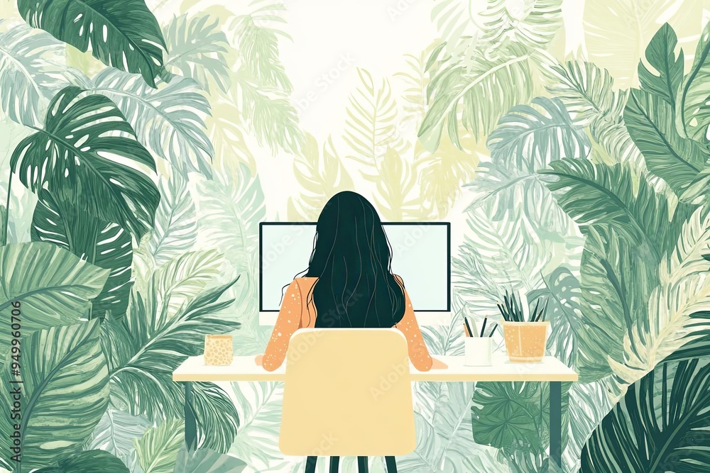 A woman at a minimalist workspace with a computer