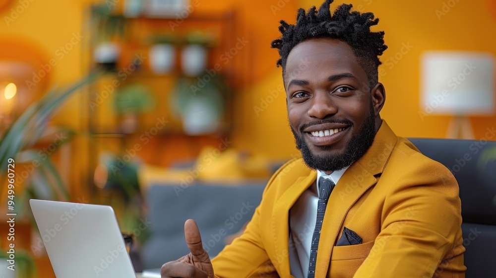 Smiling Businessman in Yellow Suit with Laptop Smiling Businessman in Yellow Suit with Laptop