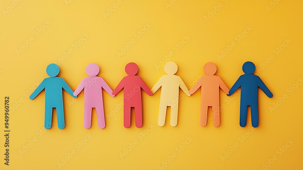 A chain of colorful paper people holding hands on a bright yellow background.