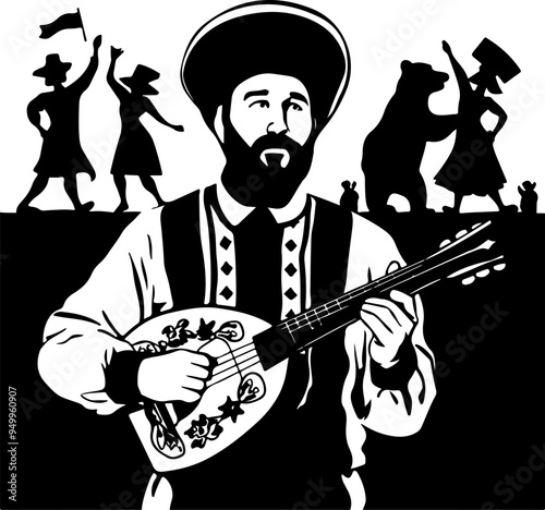 A Caucasian man in traditional costume plays a stringed instrument, with people and a bear dancing behind him. Vector silhouette drawing of Eastern European and Asian national holidays