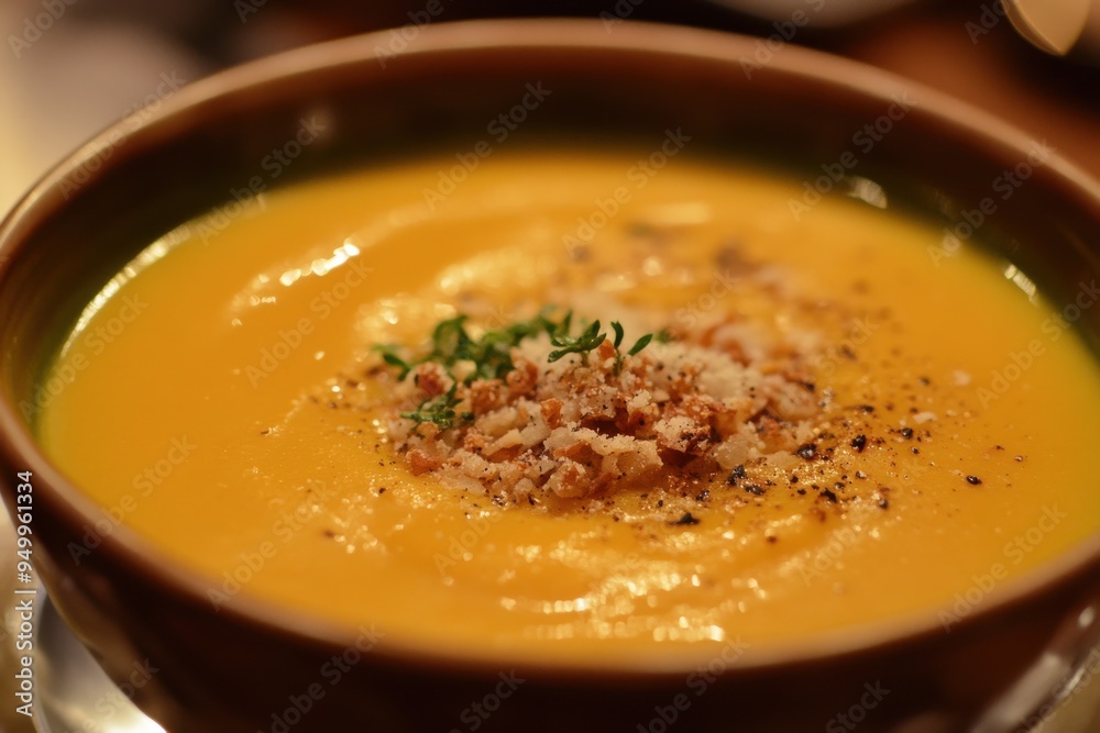 Bowl with peach yogurt with granola sliced almonds and a drizzle of peach syrup