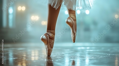 Closeup of a ballerina�s pointe shoe reflecting light, capturing grace in every detail. photo