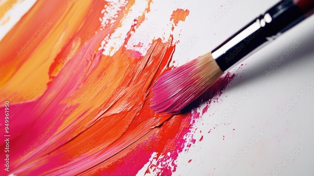Fototapeta premium A close-up of a paintbrush creating a color splash on a white canvas, with bold strokes.