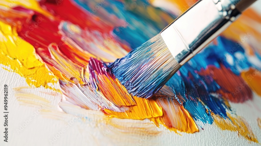 A close-up of a paintbrush creating a color splash on a white canvas, with bold strokes.