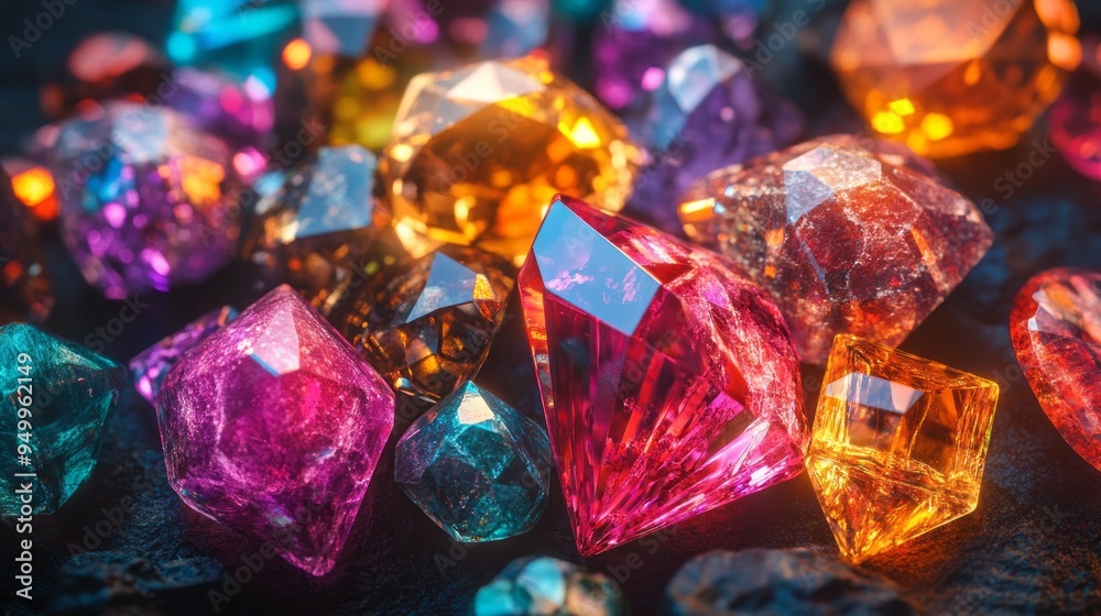 A pile of colorful gems and crystals on a black surface A pile of colorful gems and crystals on a black surface