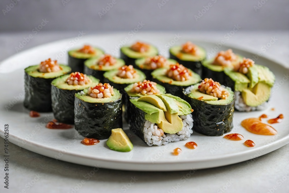 Avocado Sushi: Overhead view of avocado sushi rolls arranged in a line on a plain white plate, with slices of avocado on top Avocado Sushi: Overhead view of avocado sushi rolls arranged in a line on a plain white plate, with slices of avocado on top