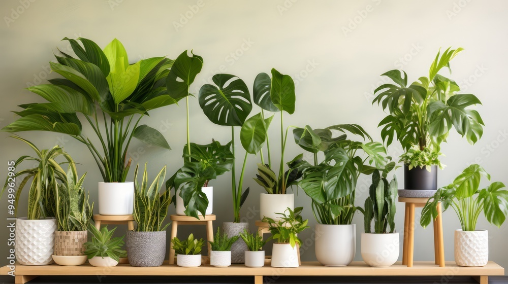 Green houseplants in pots on floor near wall. Neural network ai generated art Green houseplants in pots on floor near wall. Neural network ai generated art