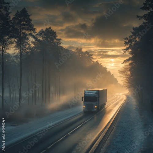 Rest area on the autobahn with a truck, peaceful roadside scene.  photo