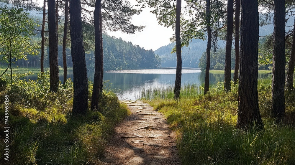 Serene Pathway Through Pine Forest to Tranquil Lake Serene Pathway Through Pine Forest to Tranquil Lake