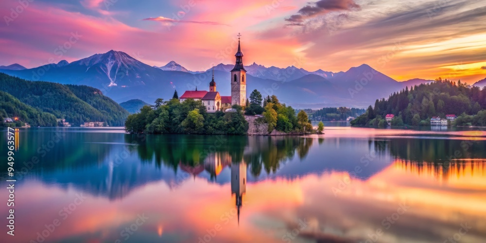 Naklejka premium Lake Bled in the evening, pastel pink and blue hues dancing across the sky, church bell tower reaching for the heavens.