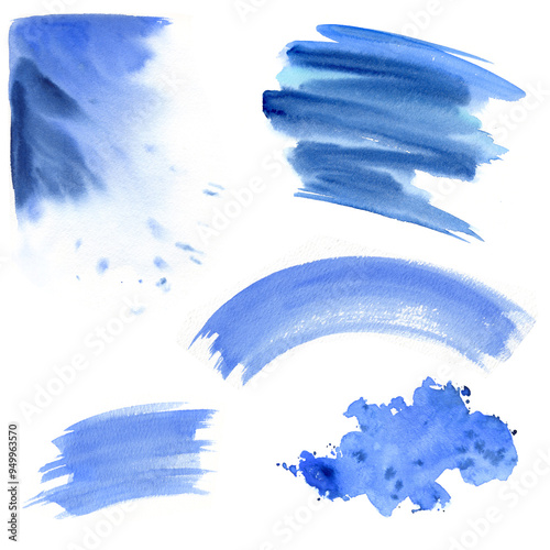 set of watercolor dynamic brush strokes, splashes, blue liquid artistic paint stains, abstract textured hand drawn blots isolated on white background, templates for background, posters, card