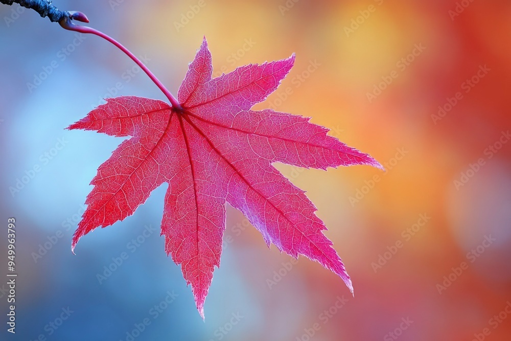 Single Delicate Red Maple Leaf with Veins Visible on a Blurry Background Single Delicate Red Maple Leaf with Veins Visible on a Blurry Background