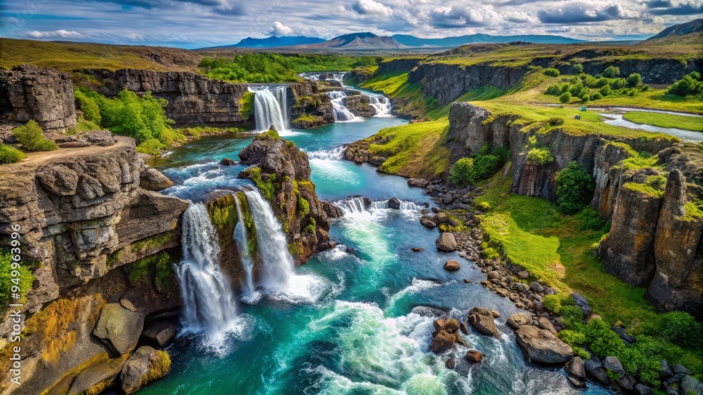 Öxarárfoss in June bird's-eye view of the waterfall's plunge, crystal-clear water rushing down the rocky cliff, lush vegetation surrounding the pool, vivid green and brown hues. Öxarárfoss in June bird's-eye view of the waterfall's plunge, crystal-clear water rushing down the rocky cliff, lush vegetation surrounding the pool, vivid green and brown hues.